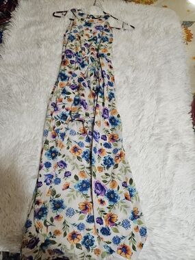 Lush Floral Sleeveless  Romper Dress - Blue & Orange Flowers